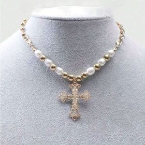 Glamorous Gold Pearl & Rhinestone Cross Pendant Necklace
